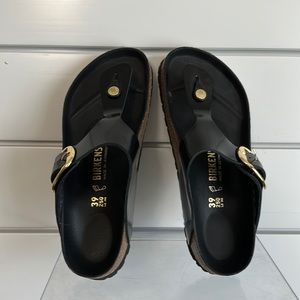 Birkenstock Gizeh Big Buckle flip flop sandal - black patent leather.  Size 39